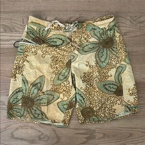 Patagonia Cream and Green Hybrid swim trunks with Tropical Print